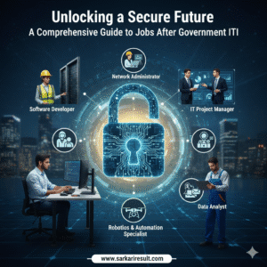 A central glowing blue digital padlock, symbolizing a secure future, surrounded by vignettes of various ITI job roles like Software Developer, Network Administrator, IT Project Manager, Data Analyst, and Robotics & Automation Specialist. The title reads "Unlocking a Secure Future: A Comprehensive Guide to Jobs After Government ITI.