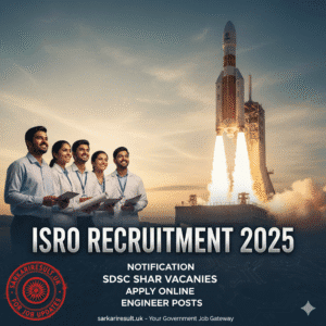 Gemini_Generated_Image_227g95227g95227g ISRO Recruitment 2025 Notification for Scientist Engineer posts at SDSC SHAR. Image shows ISRO launch vehicle taking off with a diverse group of happy engineers and a circuit board overlay, highlighting the SarkariResult.uk job update.